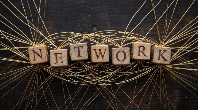 Wooden blocks spelling network on gold lines background
