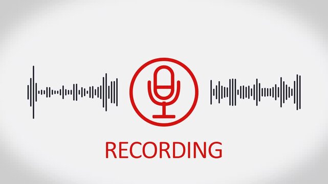 Video animation of a voice recording or broadcasting icon, microphone and sound waveform, voice message - close-up.