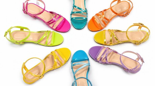 Vibrant neon accented strappy summer sandals arranged in a circular pattern, captured with high resolution for a cinematic widescreen display that highlights colorful footwear fashion.