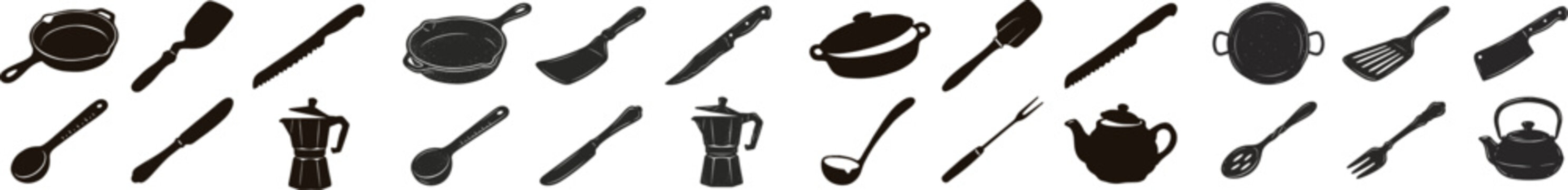 Large Professional Kitchenware and Culinary Equipment Vector Icon Set Featuring Pots, Pans, Chef Knives, Coffee Makers, Teapots, and Essential Cooking Utensils for Graphic Design