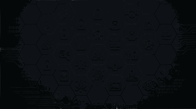 Cybersecurity Hexagon Grid with Digital Icons and Binary Code