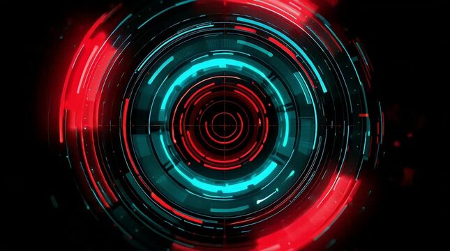 Futuristic HUD technology interface digital background with circular glowing neon light blue and red elements for scifi movie science research and high tech data visualization