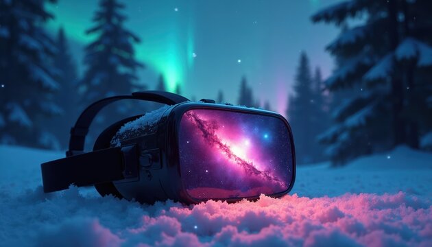 Virtual reality headset rests in snow with aurora borealis light. Screen shows deep space nebula and stars. Winter forest background. Tech meets nature.
