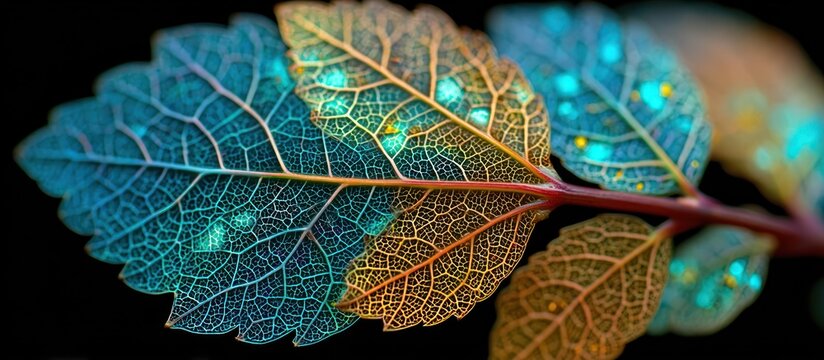 Translucent leaves with colorful veins on a branch against a black background