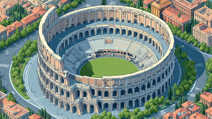 Aerial view of ancient Roman amphitheater with stone facade and green arena in vibrant cityscape © Sigaling Lin