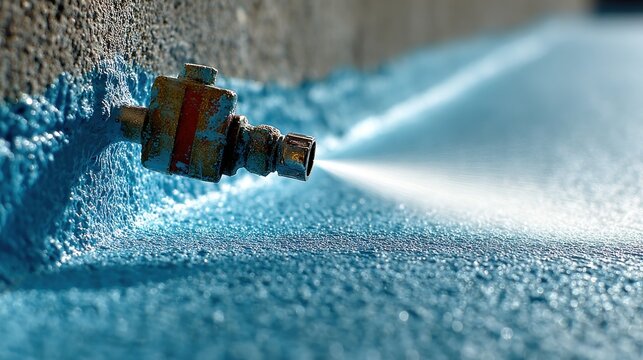 Close-up of nozzle spraying blue coating onto a surface