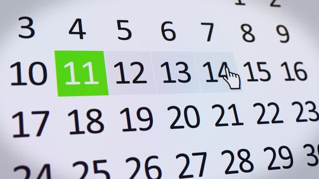 Video animation of a website showing the selection of a data range during the online booking process, travel dates, check-in and check-out date picker interface, reservation period.