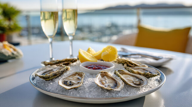 freshly shucked oysters on ice platter