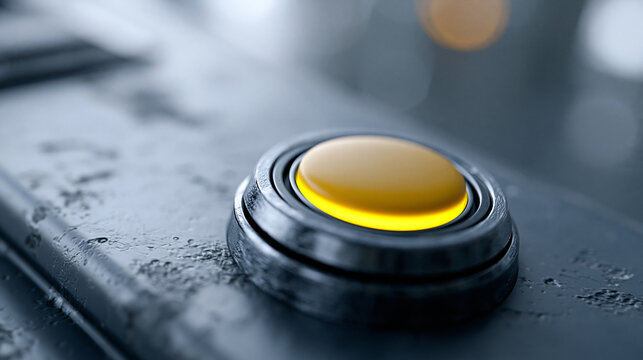 Close-up of a glowing yellow reset button on a weathered industrial control panel, cinematic 3D render, realistic metal textures, scratches and atmospheric lighting, with copy