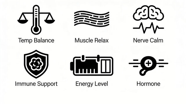 Showcasing temperature, muscle, nerve, immune, energy, and hormone regulation, systemic balance regulation, postoperative physical recovery, and improvement of chronic fatigue.
