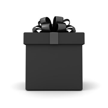 Blank black gift box or front view of black present box tied with black ribbon bow isolated on white background with shadow minimal conceptual 3D rendering