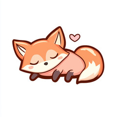 Fototapeta premium A cute cartoon fox with orange and peach fur lying down with closed eyes and a small pink heart