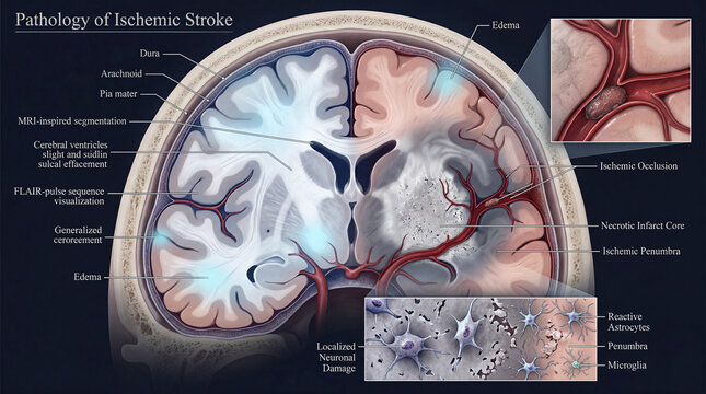 Illuminating brain pathology showing an ischemic stroke with detailed cellular and vascular consequences