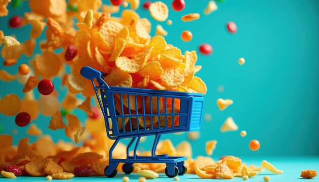 Miniature blue shopping cart overflows with crunchy snacks. Chips, crackers, candies tumble mid-air against bright teal backdrop. Food items scatter around creating vibrant, abundant display of