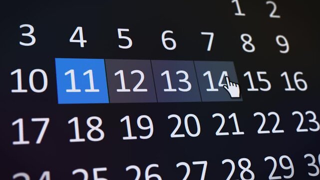 Video animation of a website showing the selection of a data range during the online booking process, travel dates, check-in and check-out date picker interface, reservation period.