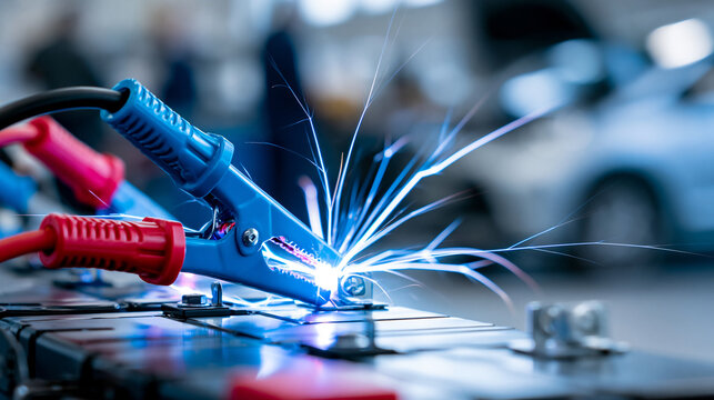 Jumper cable clamps creating a blue electric arc spark in an auto repair workshop, macro close-up, automotive repair concept, defocused workshop background, with copy space