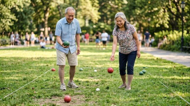 Elderly Asian couple playing bocce ball on grassy field in park with spectators in background