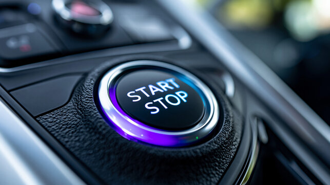 Closeup of a modern car engine start and stop button with illuminated text on a textured black dashboard, automotive interior detail, defocused background, with copy space