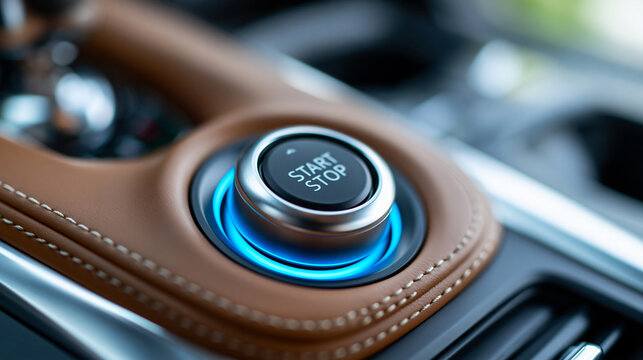Close-up detail of luxury car interior with silver engine start stop button on brown leather dashboard with blue illumination, premium automotive design, defocused background,