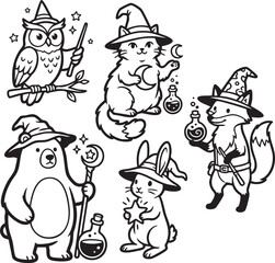 Fototapeta premium Cute Cartoon Animals Wearing Wizard Hats and Performing Magic Tricks in a Fun Fantasy Scene, Generative Ai