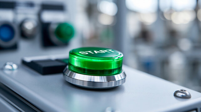 Green start button on an industrial control panel, operational readiness concept, factory automation, with copy space