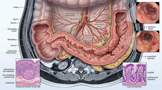 Deep dive into Crohn's disease pathology, showcasing intestinal inflammation, ulcers, and granulomas in vivid detail