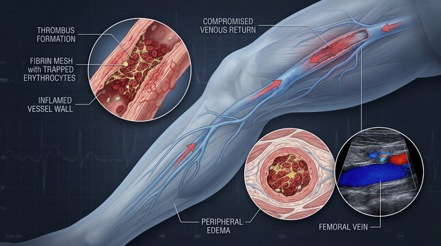 Intricate illustration of Deep Vein Thrombosis revealing clot formation compromised venous return and peripheral edema