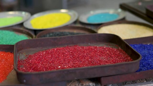 Close Up of Colorful Murano Glass Pigments Inside Venetian Glass Factory