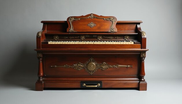 Antique wooden organ with ornate brass details sits in studio. Vintage instrument features carved wood, ivory keys, evoking classical music history. Ideal for interior design music-themed projects.