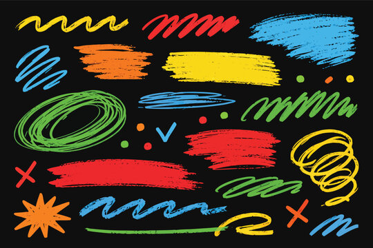 Colorful hand drawn crayon highlight strokes and scrible shapes in bright red bue yellow green and orangeon black background. Textued chalk marks, circles, sars, crosses and neon zigzgs.