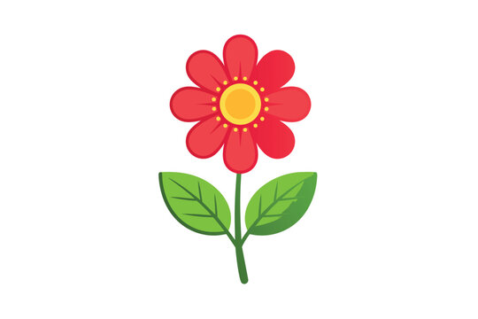 Simple Flat Vector Illustration of a Vibrant Red Flowr with a Bright Yellow Cener, Green Stem, and Two Leves Isolated on a White Bakground for Nature, Spring Summer, and Garden DesignProjects