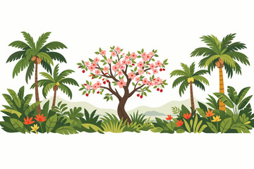 Obraz premium Tropical Vintage Botanical Landscape with Palm Trees, Blossoming Cherry Tree, Exotic Jungle Foliage, and Vibrant Flowers. Seamless Horizontal Border Illustration Isolated on White Background.