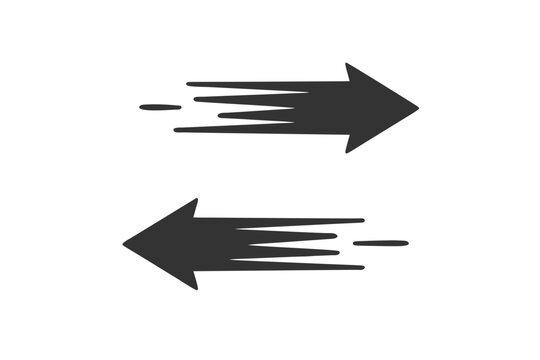 Two Black Arrows Pointing in Opposite Directions with Dynamic Speed Lines and Motion Trails, Simple Flat Vector Illustration for Navigation, Movement, Fast Delivery, and Directional Concepts.