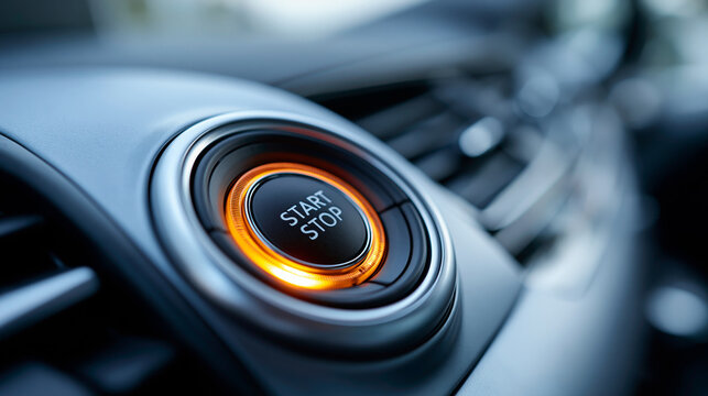 Close-up of a modern car engine start stop button with orange illumination, automotive dashboard detail, vehicle ignition technology, defocused interior, with copy space