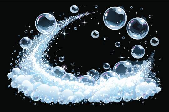 Sparkling Soap Bubbles and Foam Effect with Detergent Powder Trail, Fresh Water Wave with Shiny Stars and Glittering Particles on Black Background, Vector Illustration for Cleaning and Hygiene.