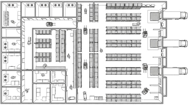 Industrial Distribution Warehouse Storage Facility Top View Layout With Inventory Management And Truck Loading Areas