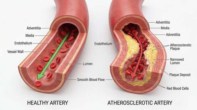 Journey through healthy arteries versus the dangerous constriction of atherosclerotic plaque