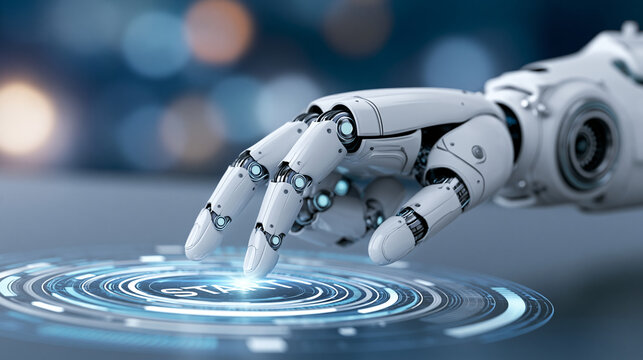 Robotic hand initiating a start command on a futuristic digital interface, automation technology concept, defocused background, with copy space