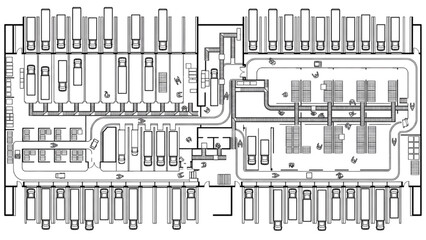 Naklejka premium Large Distribution Warehouse Logistics Center Top View Layout With Storage Racks And Truck Loading Docks