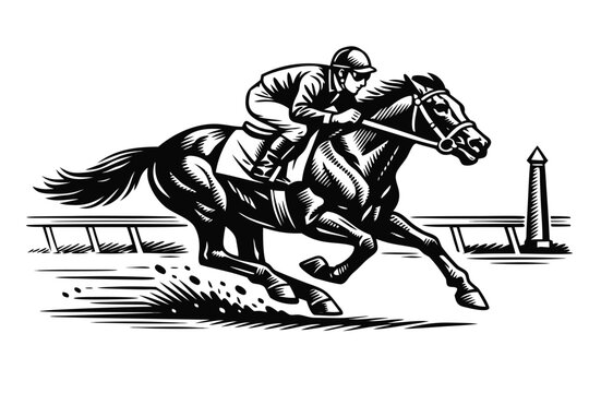 Vintage Woodcut Illustration of a Jockey Riding a Galloping Racehorse During a High-Speed Horse Racing Competition on a Track, Retro Engraving Style Monochrome Equestrian Sport Vector Art.