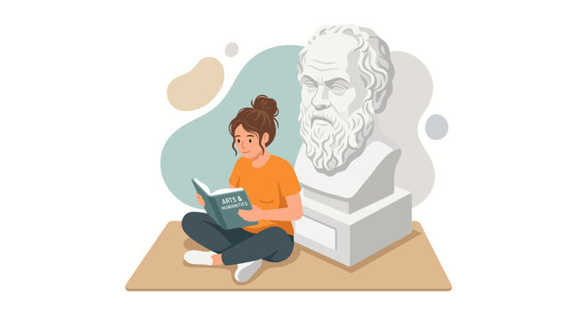 Young Woman Reading Book Next to Ancient Philosopher Bust.