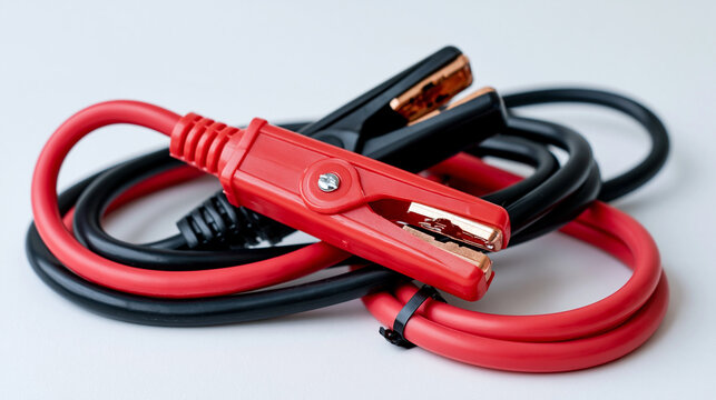 Jumper cables on white background, automotive emergency kit, red and black booster cables, car battery starter, product photography, with copy space