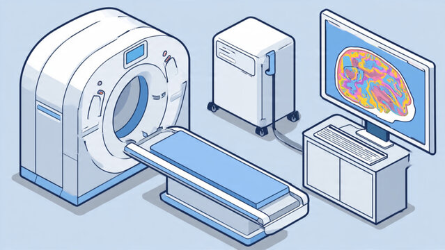 Medical MRI scanner setup with computer monitor showing brain scan in clinical environment