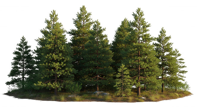 A cluster of evergreen pine trees with green needles and brown trunks isolated on a black background, featuring a grassy forest floor base