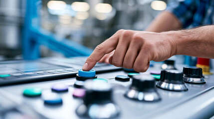 Naklejka premium Worker hand pressing a button on an industrial control panel, factory operation concept, machine activation, faceless close-up, defocused background, with copy space