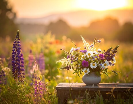 A serene bouquet on a wooden box in a lush field at sunset