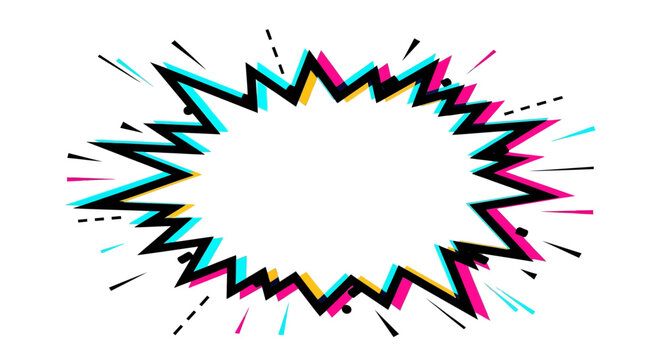 Vibrant, colorful explosion burst, dynamic zigzag shape, abstract comic effect, motion graphics element