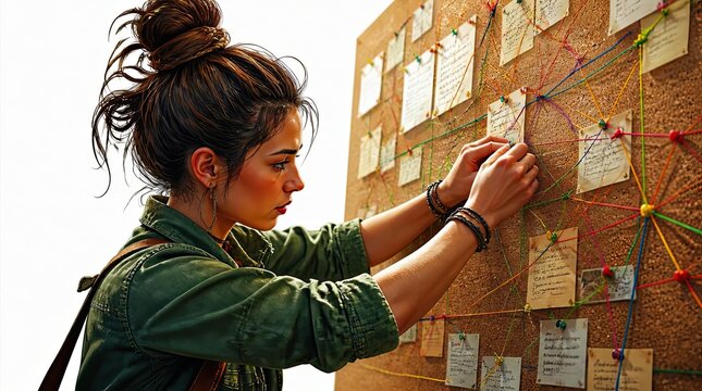 A dedicated activist organizing complex event logistics as she carefully pins important notes and vibrant string patterns to a large cork board in a focused widescreen cinematic composition.