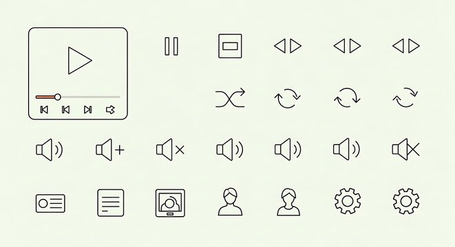 A set of media player and interface icons for design and technology use