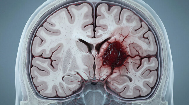 Cerebrum's silent rupture a striking medical illustration showcasing a major hemorrhage disrupting brain tissue